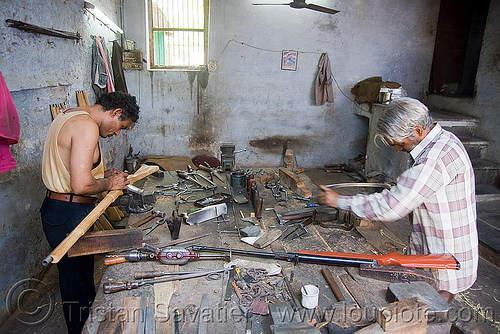 gun factory - udaipur (india), antique guns, factory, fire arms, man, rajasthan armoury, replicas, shotguns, udaipur, weapons, worker, working