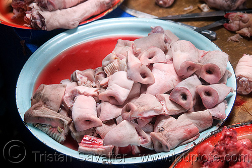 half pig snouts in meat market (laos), half, meat market, meat shop, noses, pig snouts, pork snouts, raw meat