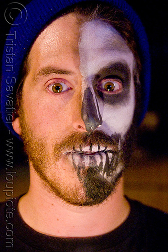half skull makeup - dia de los muertos - halloween (san francisco), day of the dead, dia de los muertos, face painting, facepaint, half face, halloween, makeup, man, matthew, night