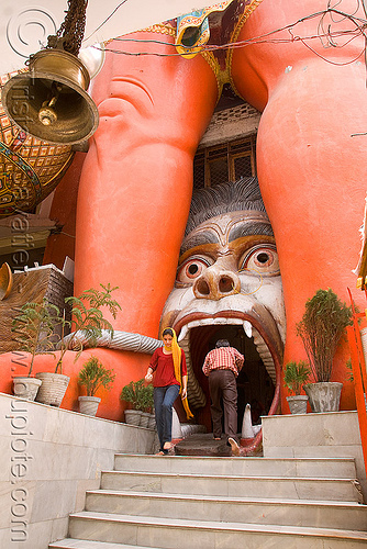 hanuman temple - delhi (india), bell, delhi, entrance, gate, hanuman, head, hindu temple, hinduism, mouth, red legs, stairs