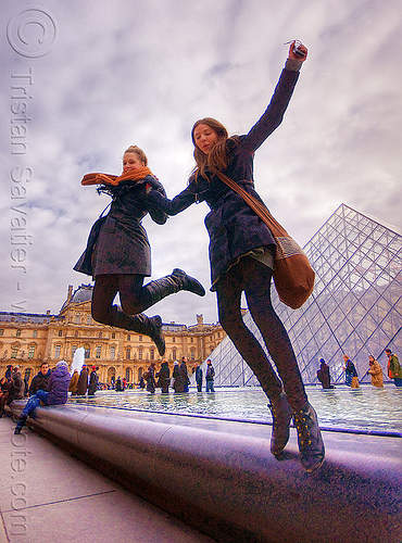 happy tourists at le louvre museum (paris), clouds, crowd, fountain, hayley, jump shot, le louvre, pyramid, scarf, sophie, tourists, women