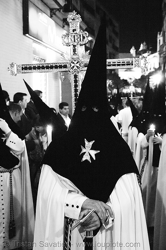 hermandad de monte-sión - semana santa en sevilla, candles, easter, hermandad de monte-sión, maltese cross, nazarenos, night, semana santa, sevilla