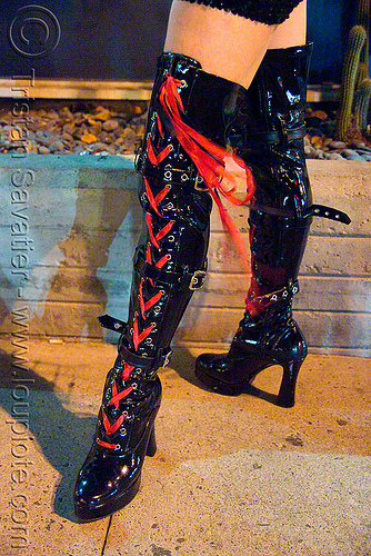 high heel boots with red laces, costume, halloween, high heel boots, night, red laces