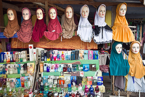 hijab shop - store dummies head display (borneo), borneo, heads, hijab, islam, islamic fashion, malaysia, muslim, perfume bottles, serikin, shop, store dummies, street market, women's apparel, حجاب