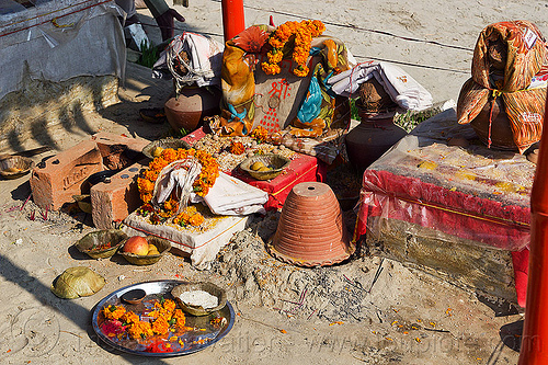 hindu altar with offerings (india), altar, ashram, flower offerings, hindu pilgrimage, hindu shrine, hinduism, kumbh mela