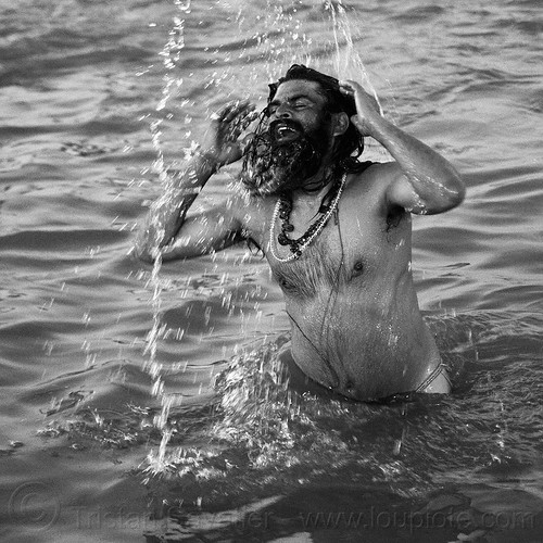 hindu baba taking holy bath in ganges river - kumbh mela 2013 (india), baba, bare chest, beard, ganga, ganges river, hindu pilgrimage, hinduism, holy bath, holy dip, kumbh mela, man, nadi bath, necklaces, paush purnima, pilgrim, ritual bath, river bathing, sacred thread, sadhu, splashing, triveni sangam, yajno pavitam
