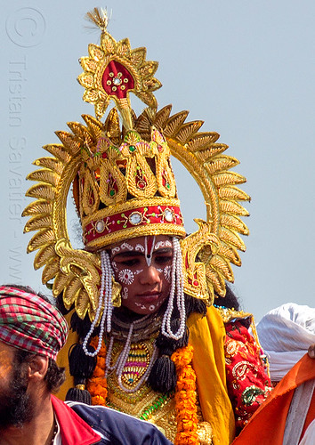 hindu boy with ceremonial hat - kumbh mela (india), beads, bindis, boy, guru, hat, headdress, hindu pilgrimage, hinduism, kumbh maha snan, kumbh mela, mauni amavasya