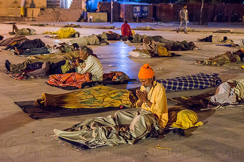 hindu devotees sleeping on triveni ghat - rishikesh (india), babas, blankets, crowd, ghats, hindu, hinduism, men, night, rishikesh, sleeping, triveni ghat
