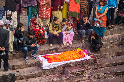 hindu funeral - family around corpse of the dead in shroud on ghat (nepal), cadaver, corpse, crowd, dead, funeral, ghats, hinduism, kathmandu, laying in wake, maha shivaratri, pashupatinath, shroud, steps