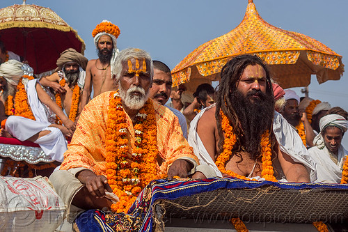 hindu gurus on their floats - kumbh mela (india), baba, float, gurus, hindu pilgrimage, hinduism, kumbh maha snan, kumbh mela, mauni amavasya, men, parade, umbrella