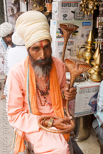 hindu holy man shopping for a cobra sculpture for his temple - udaipur (india), baba, beard, bhagwa, brass, cobra, guru, headress, headwear, hindu holy man, hindu man, hinduism, priest, sadhu, saffron color, sculpture, shop, snake, turban