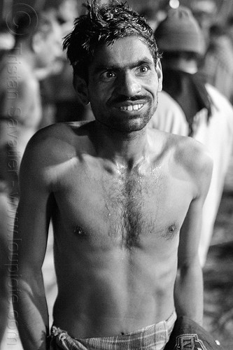hindu man after holy bath in ganges river (india), bare chest, black eyes, hindu pilgrimage, hinduism, indian man, kumbh mela, paush purnima, pilgrim, shiny eyes, triveni sangam