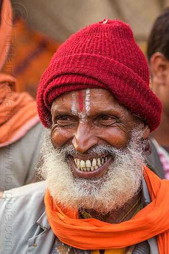 hindu man with white beard, smiling (india), headwear, hindu man, hinduism, indian man, ramanandi tilak, saffron color, teeth, tilaka, varanasi, white beard
