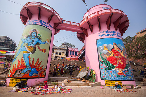 hindu murals on pink water towers at the dasaswamedh ghat - varanasi (india), dasaswamedh ghat, deities, ghats, gods, lakshimi, murals, paintings, pink towers, shiva, varanasi, water towers