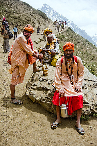 hindu pilgrims resting on trail - amarnath yatra (pilgrimage) - kashmir, amarnath yatra, headwear, hindu pilgrimage, hinduism, kashmir, man, mountain trail, mountains, pilgrims, resting, sadhu, urban