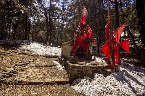 hindu shrine with red flags and snow in mountain forest (india), forest, hinduism, mountains, red flags, shrine, snow
