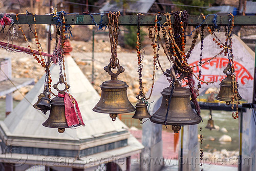 hindu temple bells in gangotri (india), bells, bhagirathi valley, brass, gangotri, ghagirathi river, hanging, hindu pilgrimage, hinduism, temple