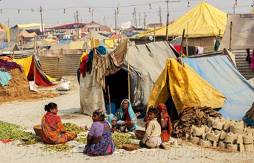 hindu women at their camp - kumbh mela 2013 (india), camp, encampment, hindu pilgrimage, hinduism, kumbh mela, pilgrims, sitting, street seller, tents, walking, women