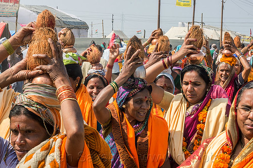 hindu women with coconut offerings over their heads (india), carrying on the head, coconut offerings, coconuts, crowd, hindu pilgrimage, hinduism, indian women, kumbh mela, walking