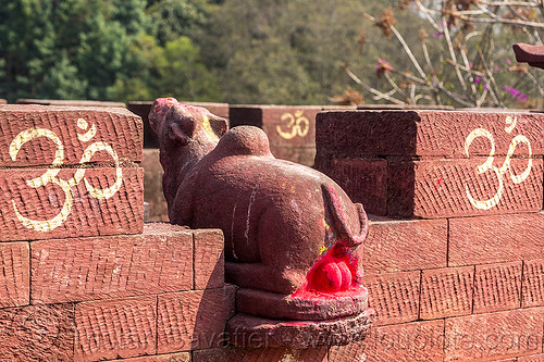 holy bull balls - hinduism (nepal), brick, bull balls, dye, hindu shrine, hinduism, nandi bull, om, red, sculpture