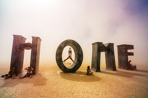 home - giant letters sculpture - burning man 2016, @earth #home, art installation, big words, metal sculpture, steel
