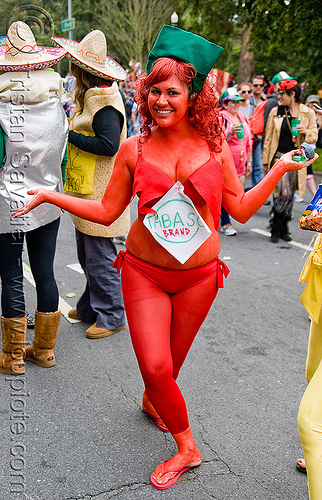hot sauce - tabasco brand costume, bay to breakers, body art, body paint, body painting, chili sauce, farran, footrace, hot sauce, red, street party, tabasco brand, tabasco costume, woman