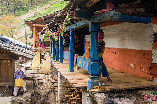 house in himalayan village (india), blue, boy, child, house, janki chatti, kid, painted, village, woman