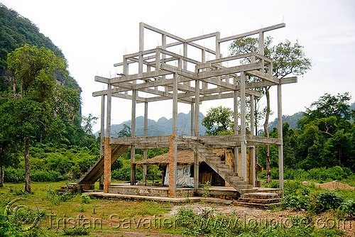 house upgrade (laos), building construction, concrete beams, concrete frame, house construction, house frame, hut