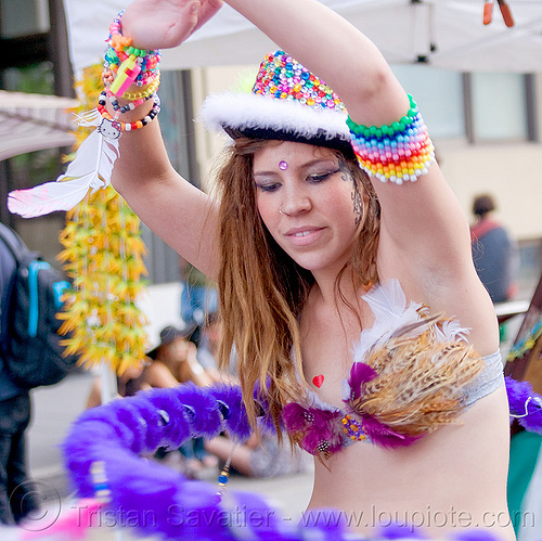 hula hooper with feather bra, beads, bracelets, carnival bra, clothing, fashion, feather bra, fuzzy hulahoop, hooper, kandi kid, kandi raver, melanie, purple, woman