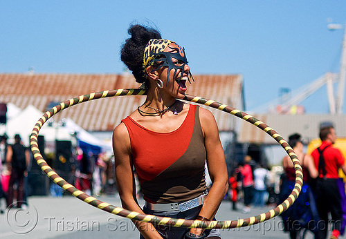 hulahoop - monica - superhero street fair (san francisco), face mask, hula hoop, islais creek promenade, leather mask, monica, superhero street fair, woman