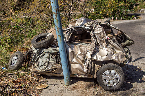 hyundai i10 crash - car totaled in fatal rollover accident on mountain road (india), car accident, car crash, fatal, hyundai i10, road, rollover, traffic accident, wreck