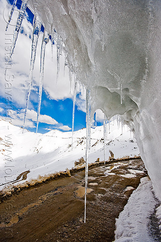 icicles - khardungla pass - ladakh (india), ice, icicles, khardung la pass, ladakh, mountain pass, mountains, mud, road, snow