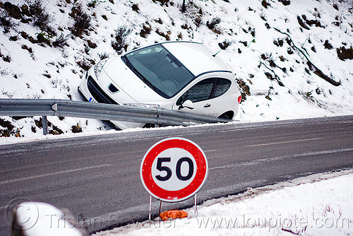 icy road - car in ditch, 50 km/h, black ice, car accident, car crash, ditch, france, guard rail, icy road, peugeot 207, road railing, road sign, round, snow, speed limit, traffic accident, white car, winter