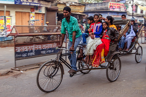 indian family on cycle rickshaw (india), children, cycle rickshaw, family, kids, man, moving, varanasi, woman