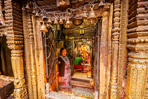 jana baha dyah temple - string of bells - golden door - kathmandu (nepal), bells, door, hindu temple, hinduism, jana baha, jana bahal, kathmandu, man, woman