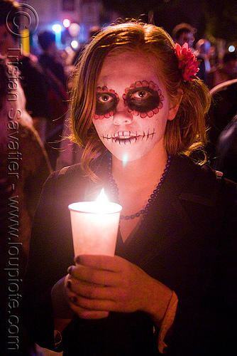 janelle - skull makeup - dia de los muertos - halloween (san francisco), candle, candlelight vigil, day of the dead, dia de los muertos, face painting, facepaint, halloween, janelle, night, sugar skull makeup, woman