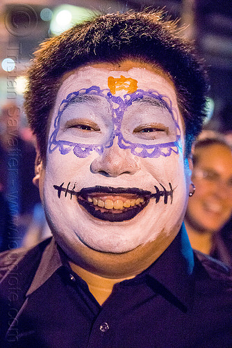 japanese man with sugar skull makeup - dia de los muertos, day of the dead, dia de los muertos, face painting, facepaint, halloween, japanese, man, night, sugar skull makeup
