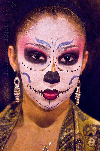 japanese style skull face paint - dia de los muertos - halloween (san francisco), day of the dead, dia de los muertos, face painting, facepaint, halloween, makeup, night, woman
