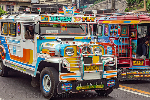 jeepney - born to fly (philippines), baguio, colorful, decorated, front grill, jeepneys, painted, road, truck