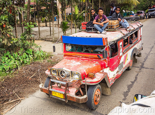 jeepney with passengers on roof (philippines), colorful, cordillera, jeepneys, passengers, red, road, roof, sitting