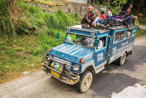 jeepney with passengers on roof (philippines), cordillera, jeepneys, passengers, road, roof, sitting