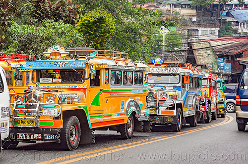jeepneys in traffic jam (philippines), baguio, colorful, decorated, jeepneys, painted, road, truck