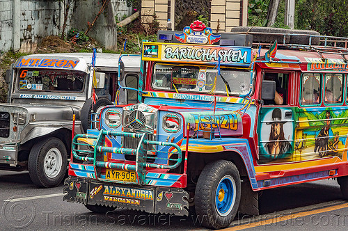 jeepneys on the road (philippines), baguio, colorful, decorated, front grill, jeepneys, painted, road, truck[an error occurred while processing this directive]