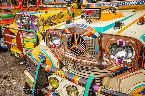jeepneys parked at station (philippines), baguio, colorful, decorated, front grill, jeepneys, painted, truck