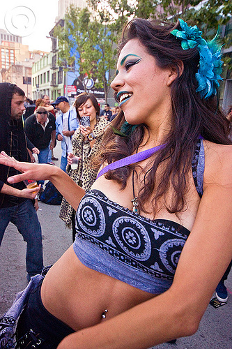 jessica dancing at how weird street fair (san francisco), belly button piercing, belly piercing, blue lipstick, blue makeup, dancing, flower headdress, jessica, navel piercing, woman