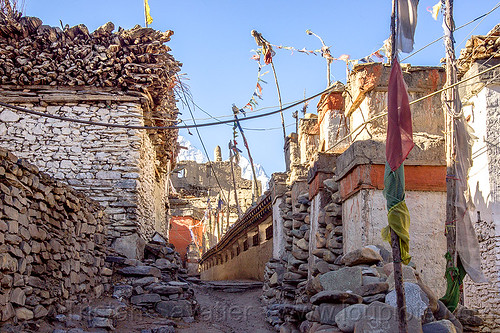 kagbeni village street (nepal), annapurnas, buddhism, kagbeni, kali gandaki valley, prayer mills, prayer wheels, tibetan, village