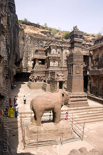 kailash temple - elephant - ellora caves (india), ellora caves, hindu temple, hinduism, kailash temple, monolithic, rock-cut, sculpture, statue, stone elephant, कैलास मन्दिर