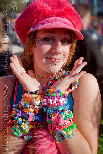 kandi kid girl with bracelets (cuffs), beads, clothing, fashion, fuzzy hat, kandi bracelets, kandi cuffs, kandi kid, kandi raver, lovevolution, raver outfits, sara, woman