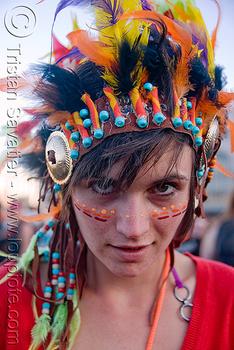 kandi kid ramzee with indian head dress - lovevolution - lovefest (san francisco), beads, clothing, fashion, head-dress, kandi kid, kandi raver, lovevolution, ramzee, woman