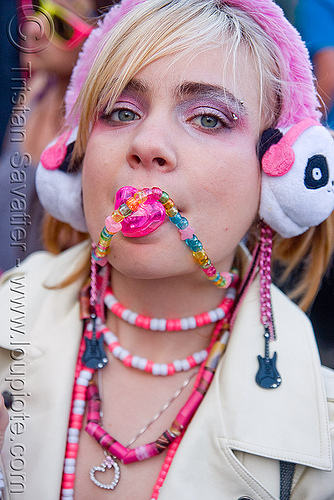 kandi kid with binky - pacifier - kandi raver (san francisco), beads, binky, clothing, fashion, kandi kid, kandi raver, lizzy, lovevolution, necklaces, pacifier, pink, woman